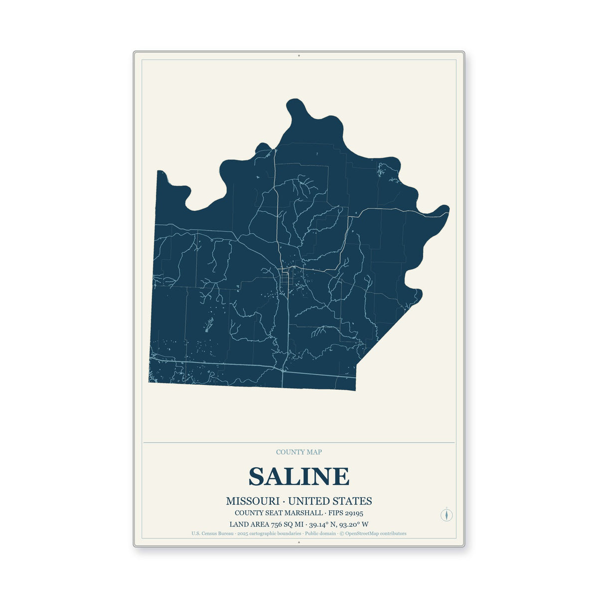 Saline County, Missouri Map Aluminum Sign in Coastal Cutout style