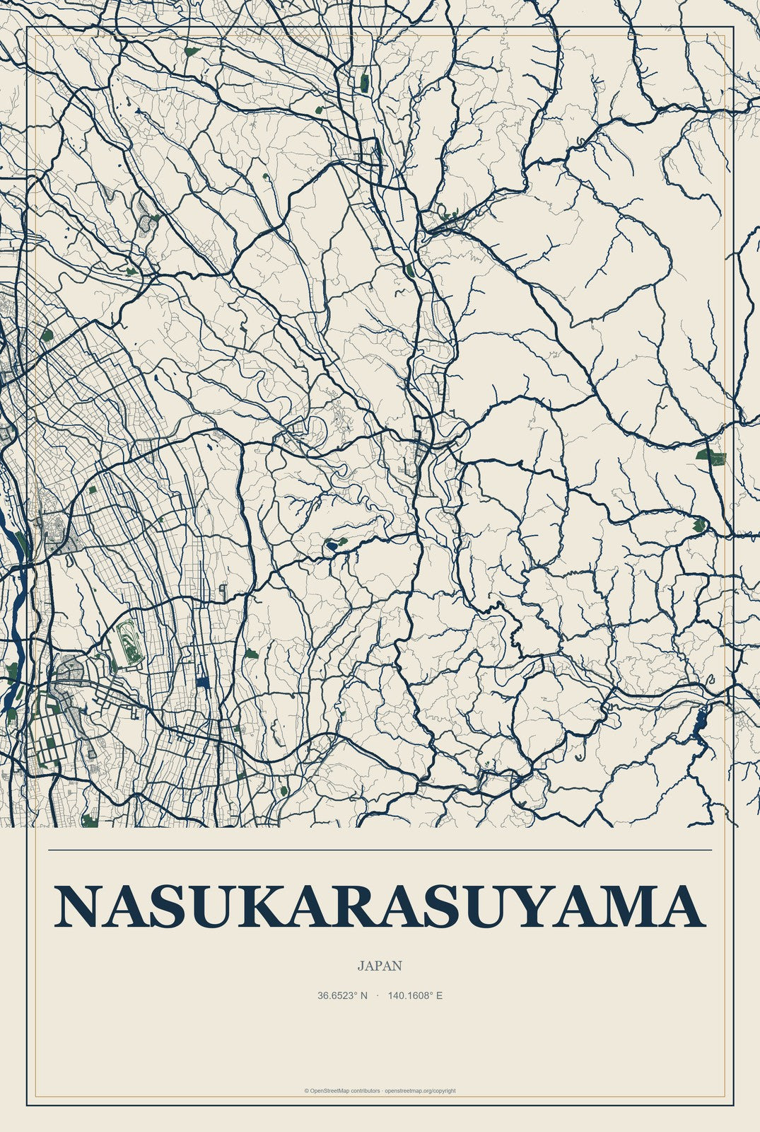 Nasukarasuyama, Japan City Map Aluminum Sign in Coastal Cutout style