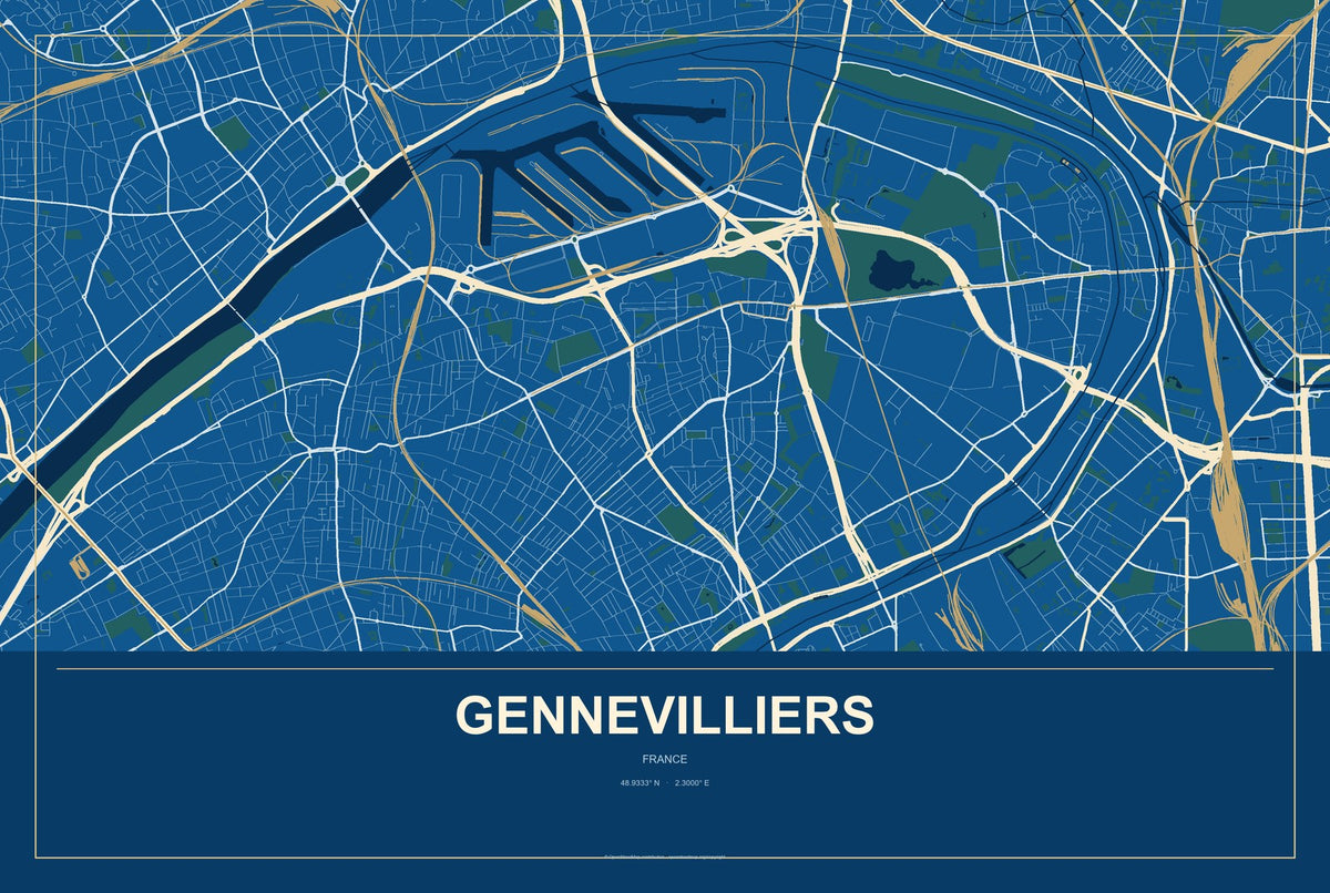 Gennevilliers, France City Map Aluminum Sign in Harbor Cobalt style