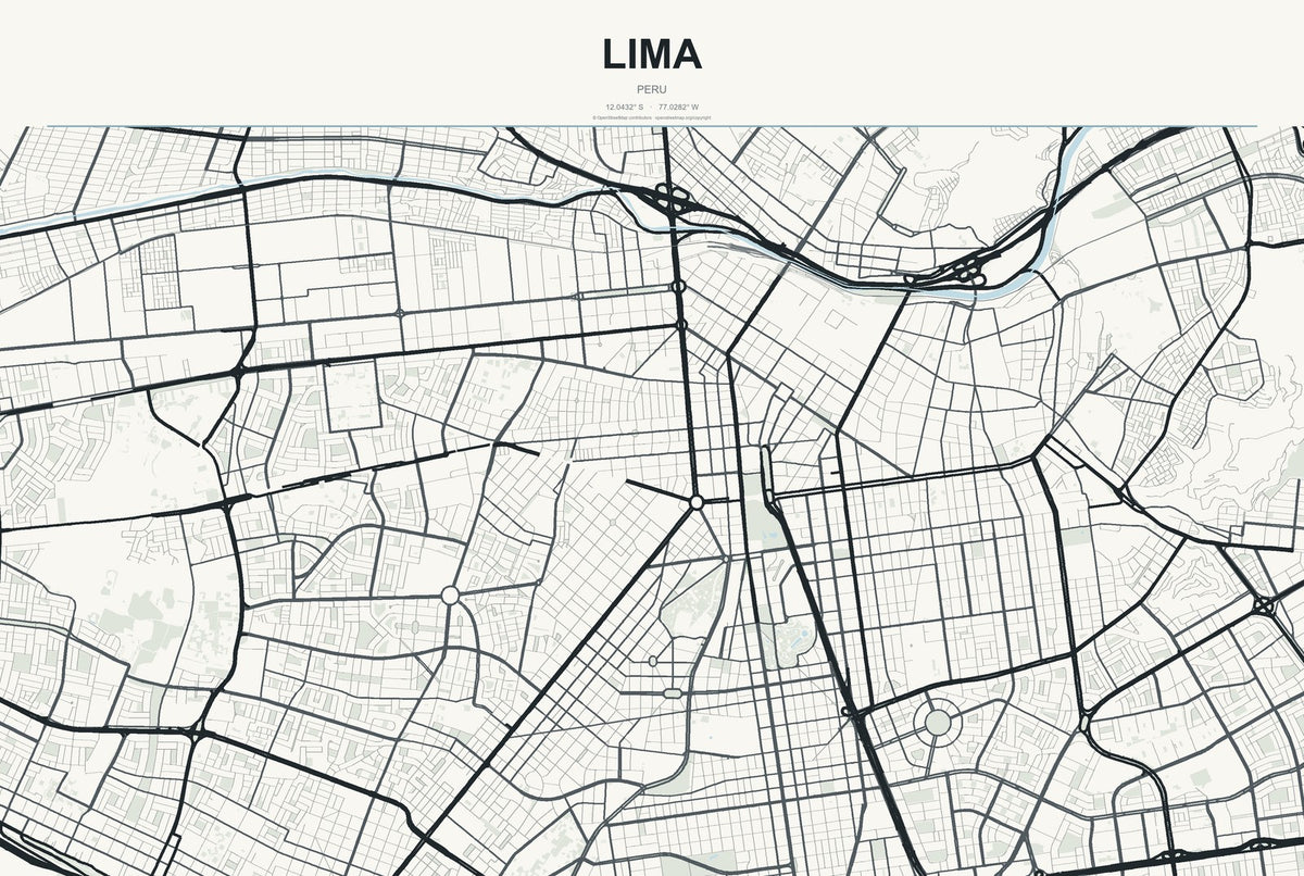 Lima, Peru City Map Aluminum Sign in Headline Atlas style