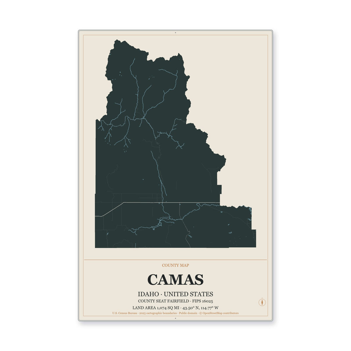 Camas County, Idaho Map Aluminum Sign in Headline Atlas style