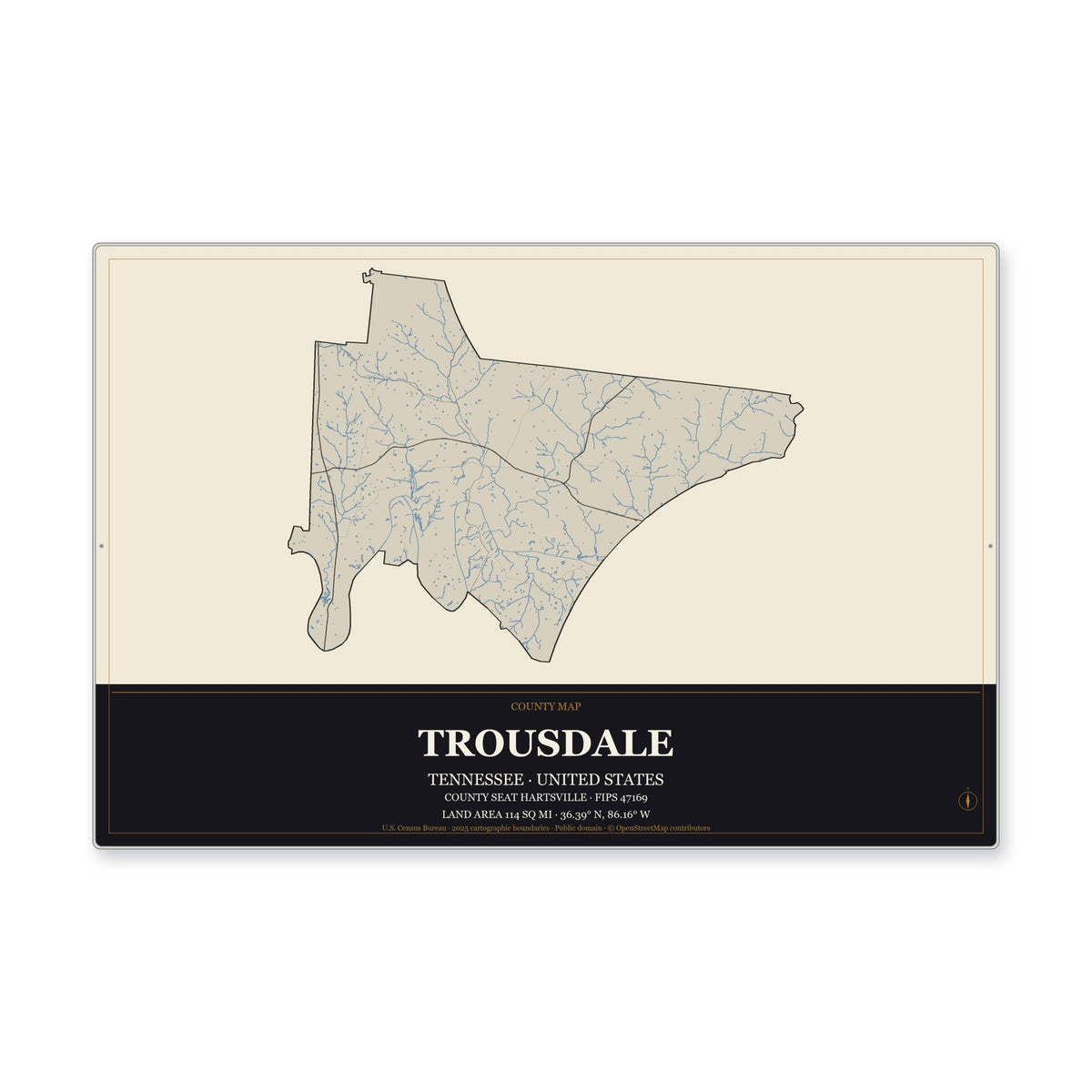 Trousdale County, Tennessee Map Aluminum Sign in Museum Plaque style