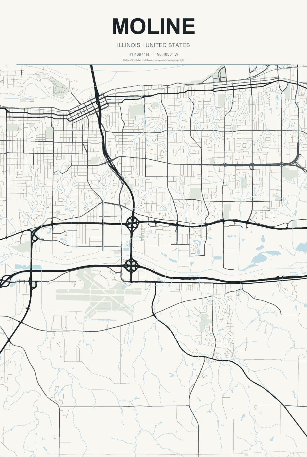 Moline, Illinois City Map Aluminum Sign in Headline Atlas style