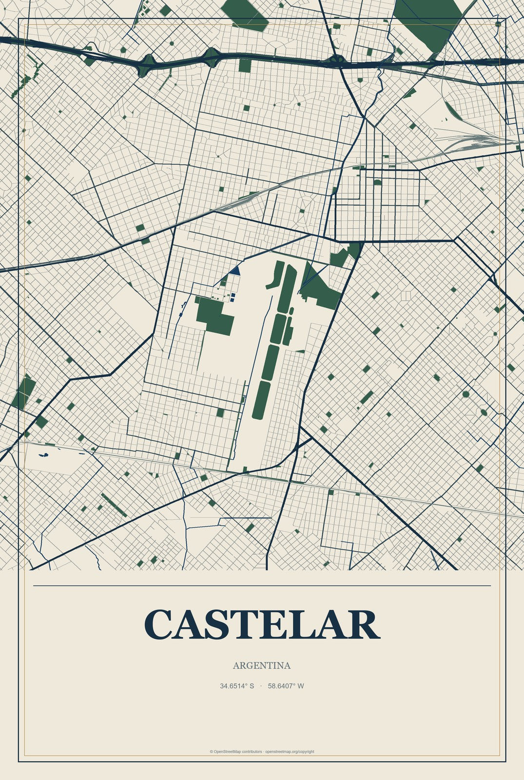 Castelar, Argentina City Map Aluminum Sign in Coastal Cutout style