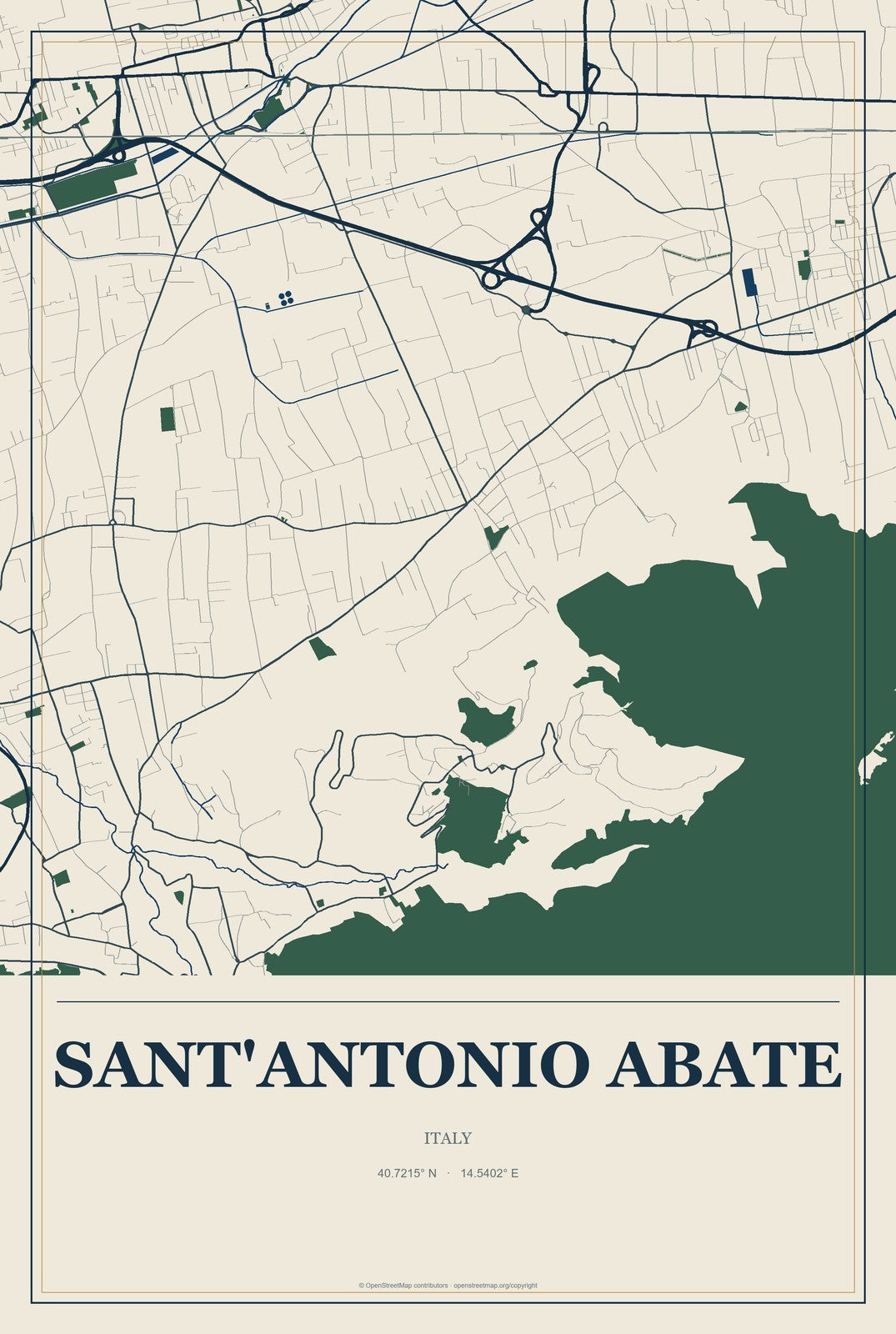 Sant'Antonio Abate, Italy City Map Aluminum Sign in Coastal Cutout style