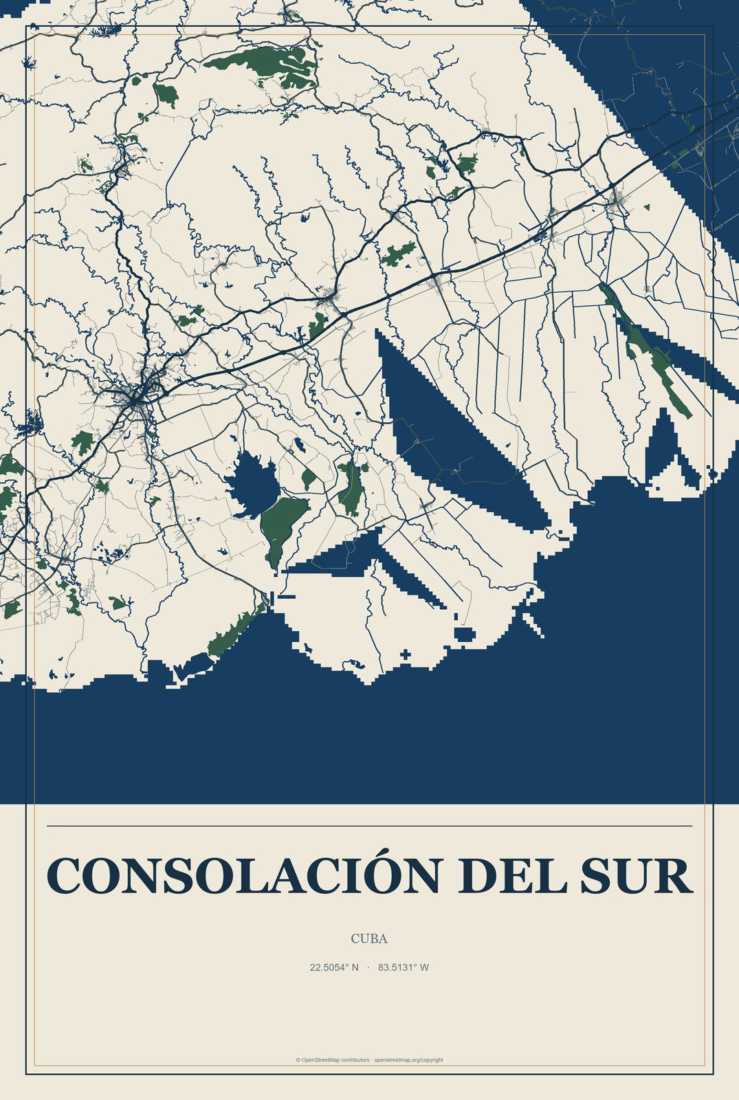 Consolación del Sur, Cuba City Map Aluminum Sign in Coastal Cutout style