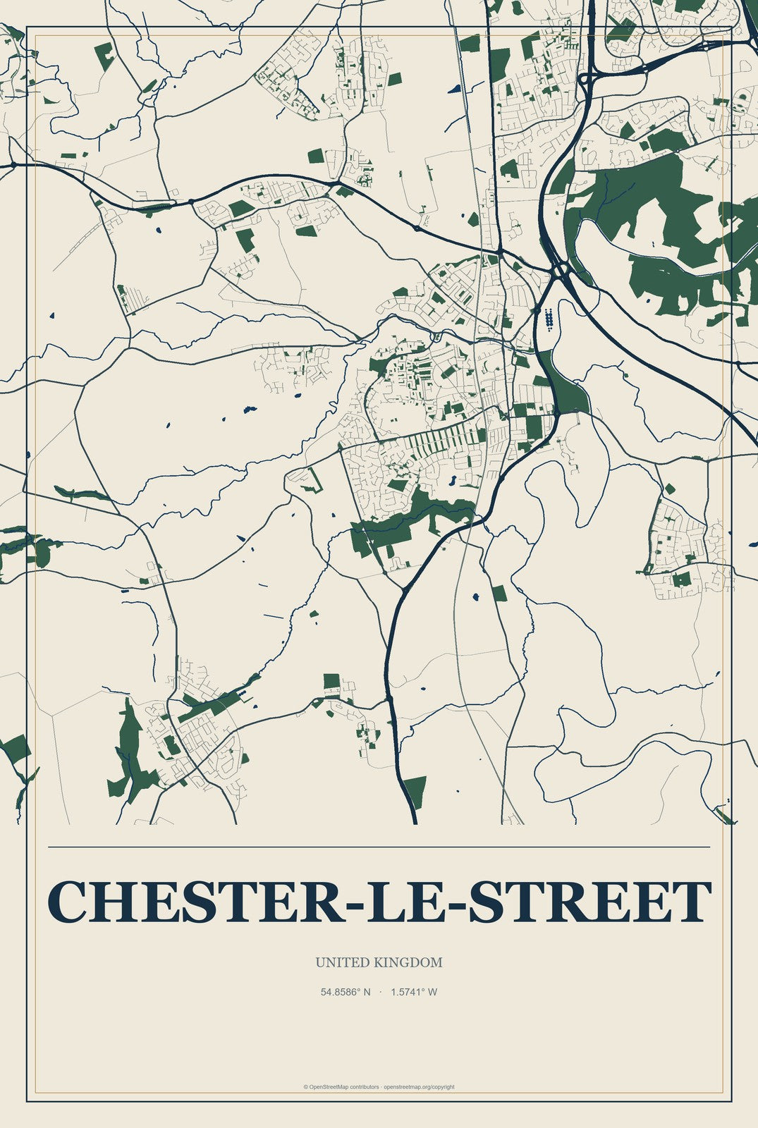 Chester-le-Street, United Kingdom City Map Aluminum Sign in Coastal Cutout style