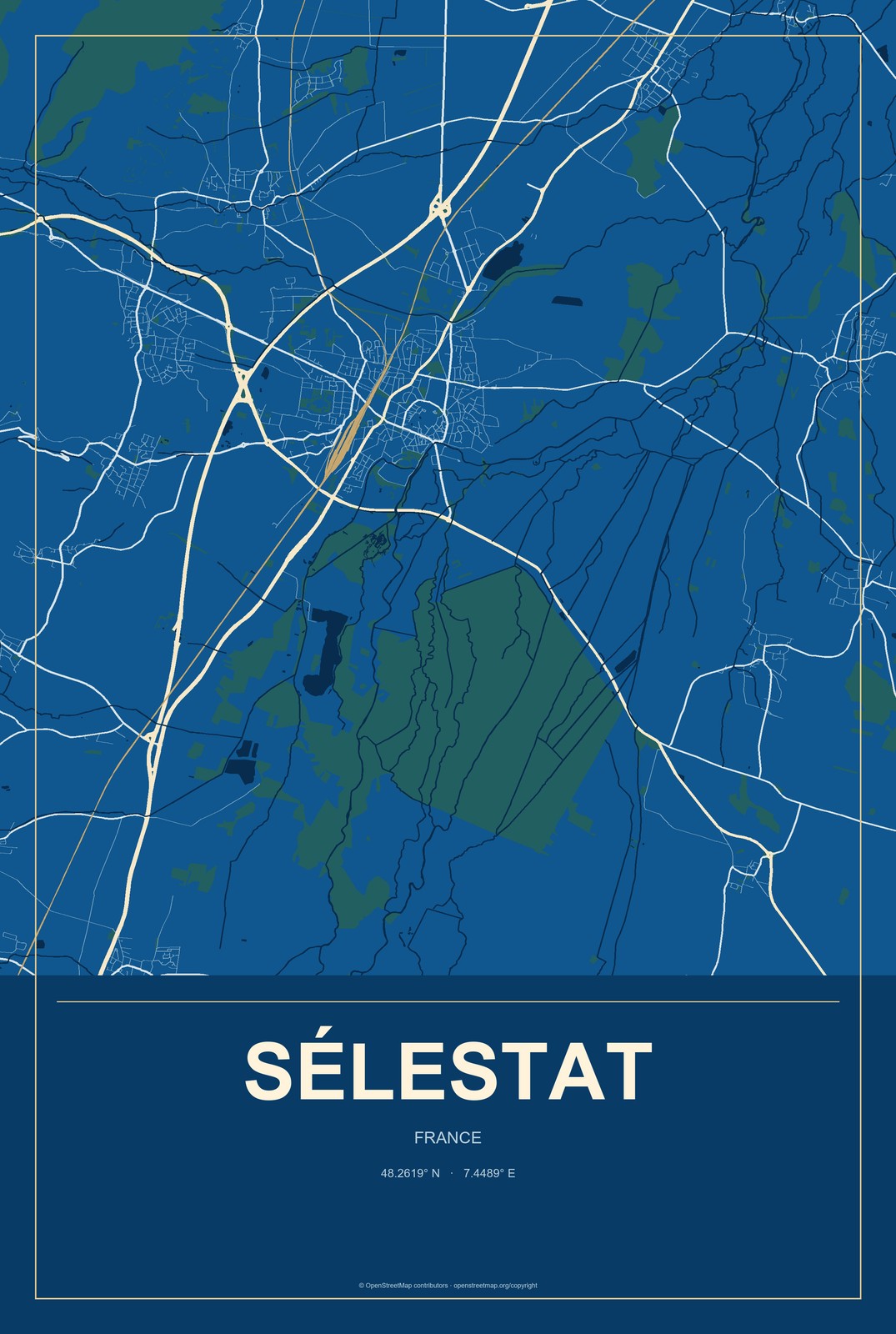 Sélestat, France City Map Aluminum Sign in Harbor Cobalt style