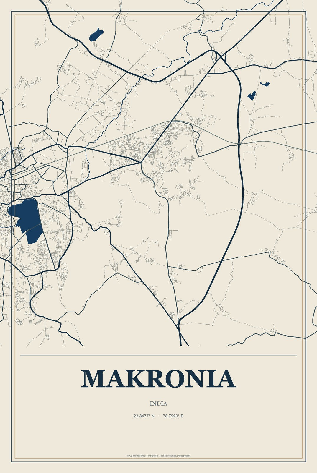 Makronia, India City Map Aluminum Sign in Coastal Cutout style