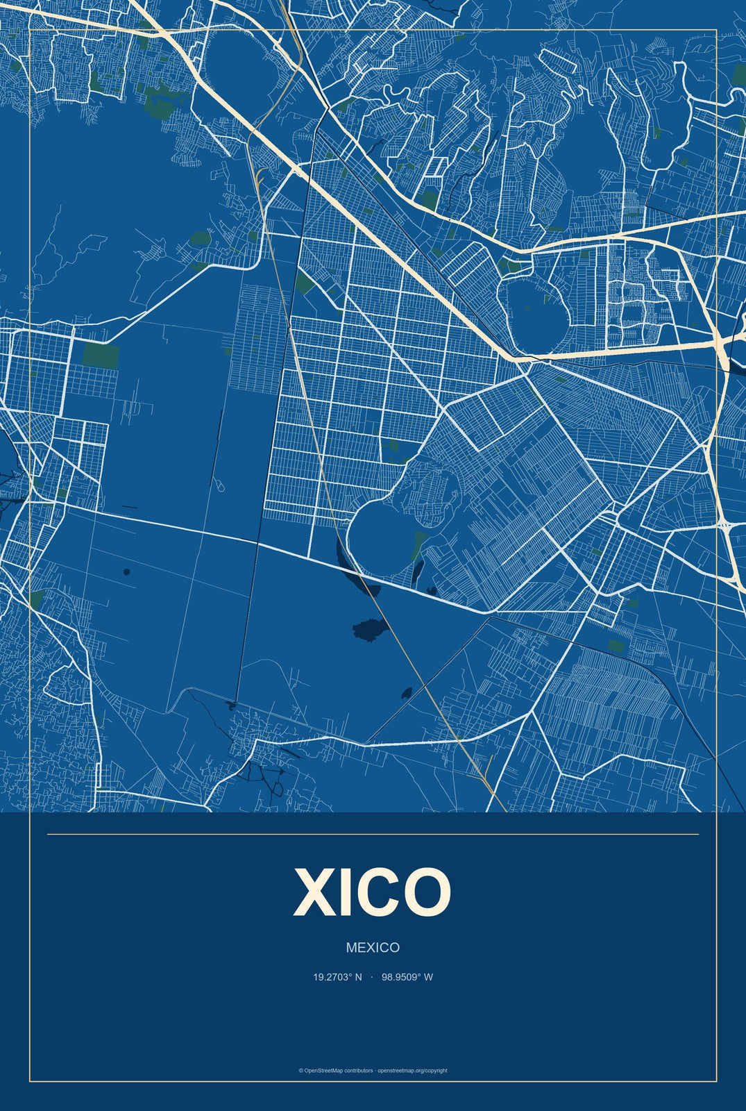 Xico, México, Mexico City Map Aluminum Sign in Harbor Cobalt style