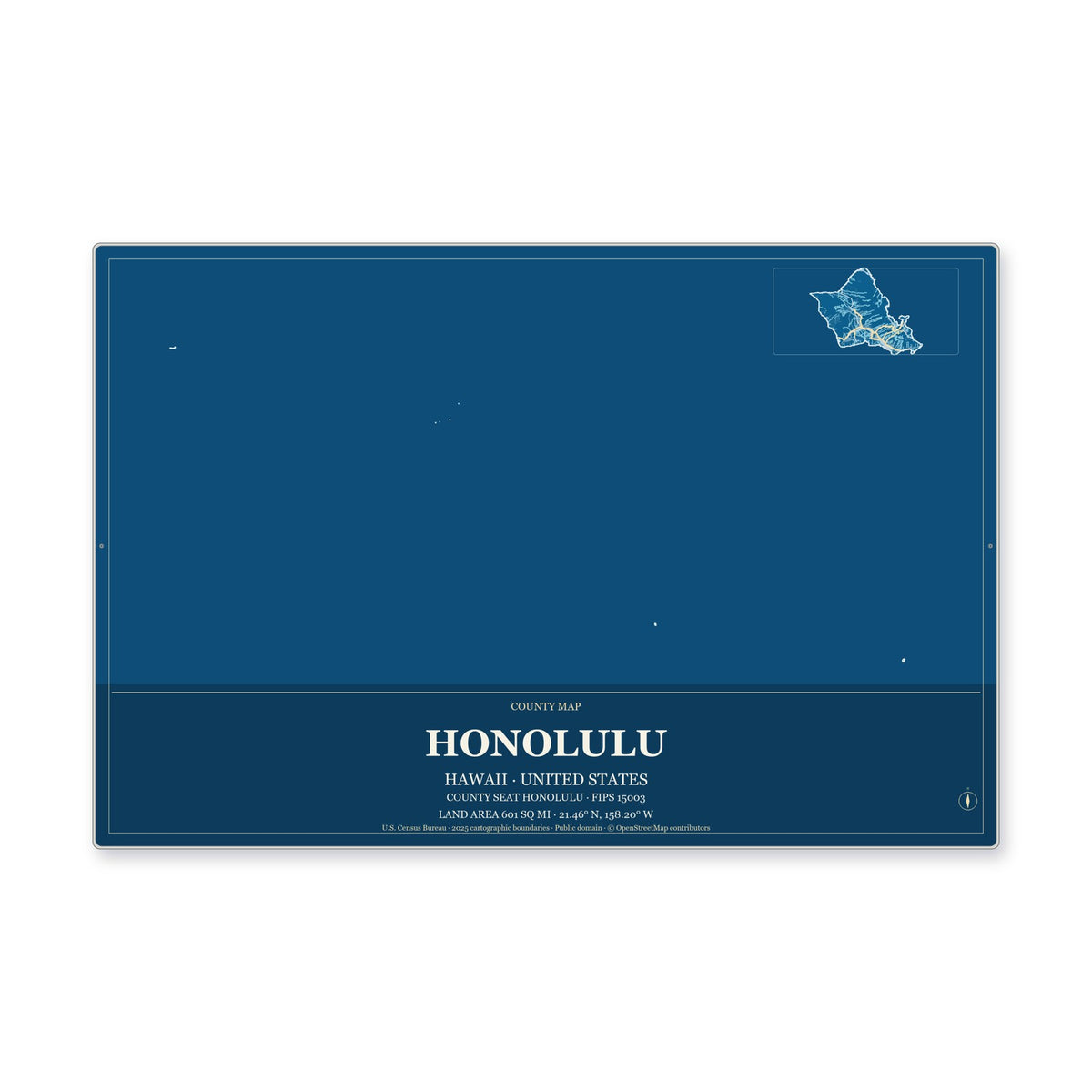 Honolulu County, Hawaii Map Aluminum Sign in Harbor Cobalt style