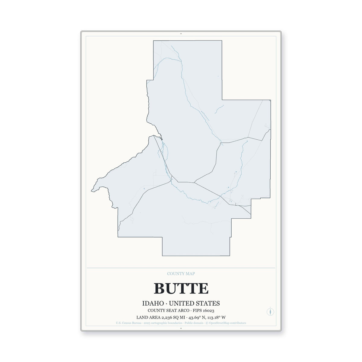 Butte County, Idaho Map Aluminum Sign in Gallery Air style