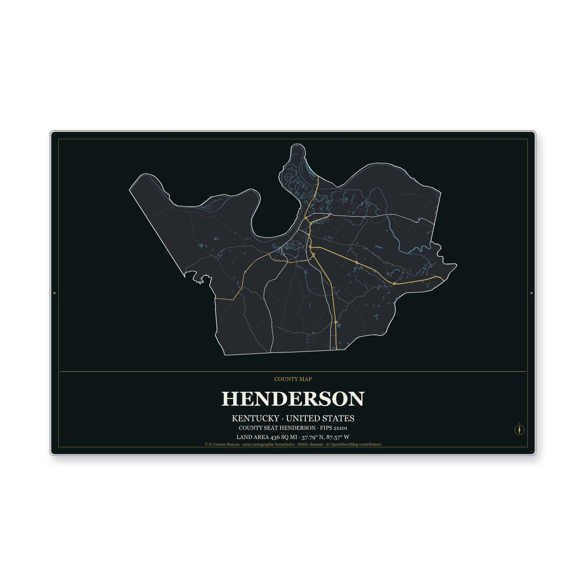 Henderson County, Kentucky Map Aluminum Sign in Metropolitan Noir style