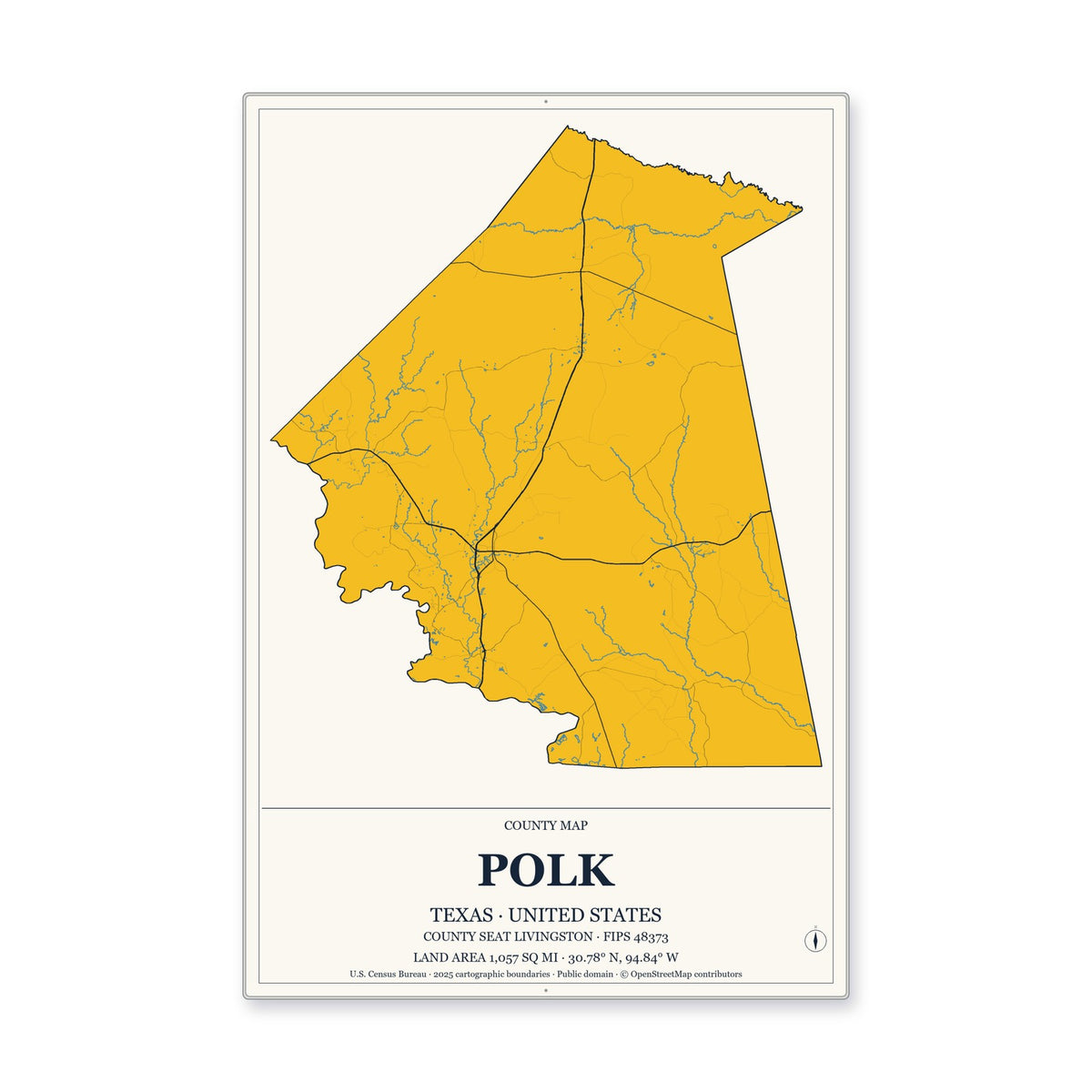 Polk County, Texas Map Aluminum Sign in Citrine Modern style