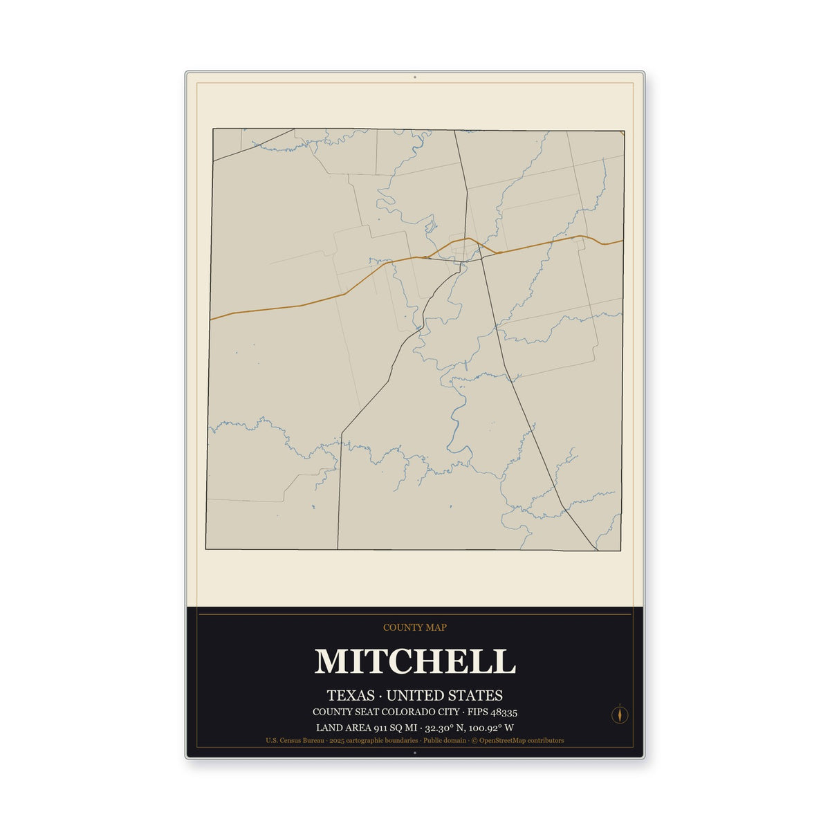 Mitchell County, Texas Map Aluminum Sign in Museum Plaque style
