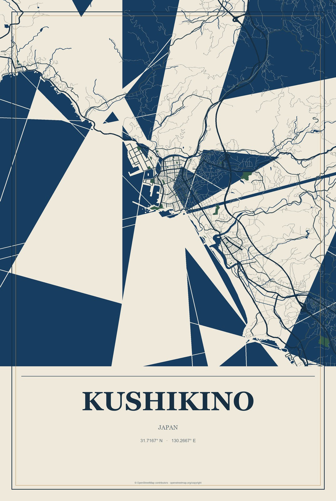 Kushikino, Japan City Map Aluminum Sign in Coastal Cutout style