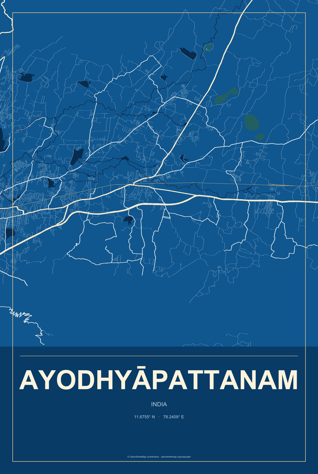 Ayodhyāpattanam, India City Map Aluminum Sign in Harbor Cobalt style