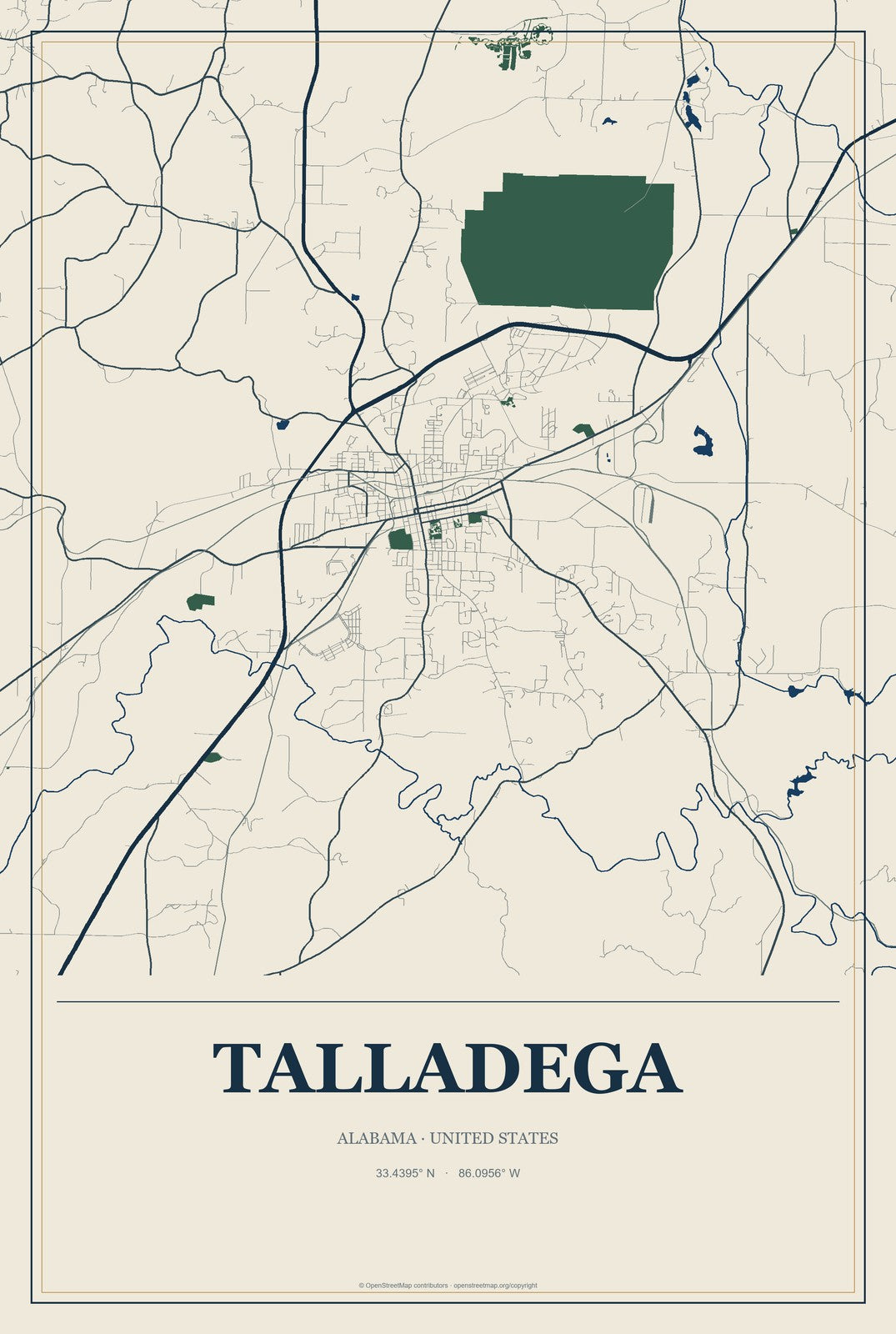 Talladega, Alabama City Map Aluminum Sign in Coastal Cutout style