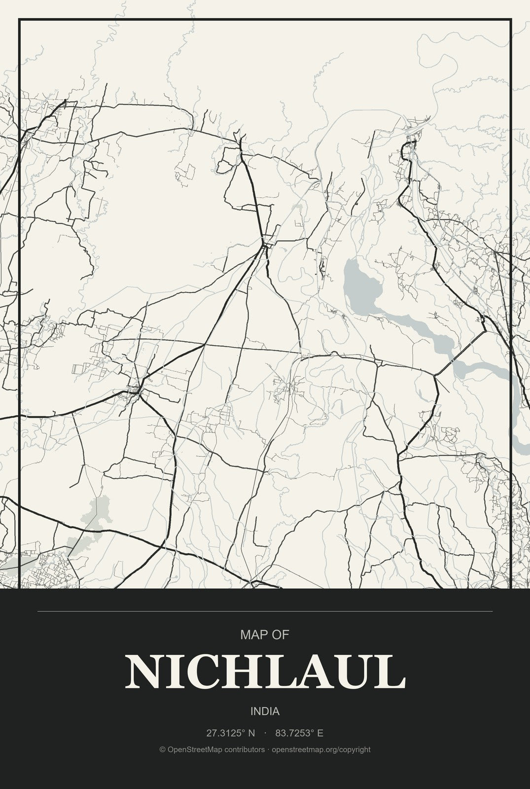 Nichlaul, India City Map Aluminum Sign in Museum Plaque style