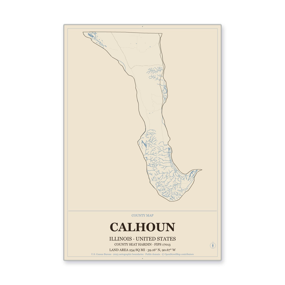 Calhoun County, Illinois Map Aluminum Sign in Heritage Nautical style