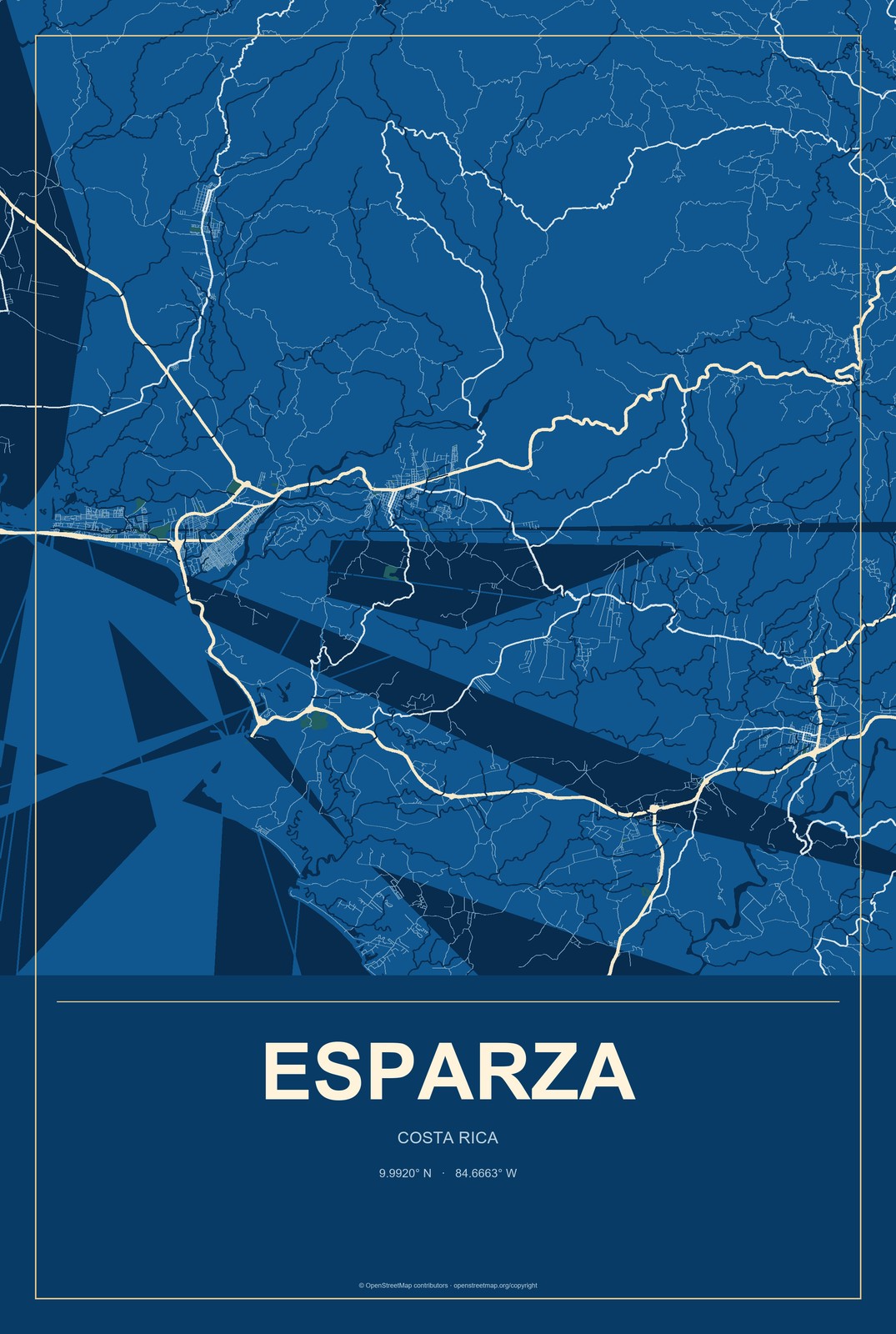 Esparza, Costa Rica City Map Aluminum Sign in Harbor Cobalt style
