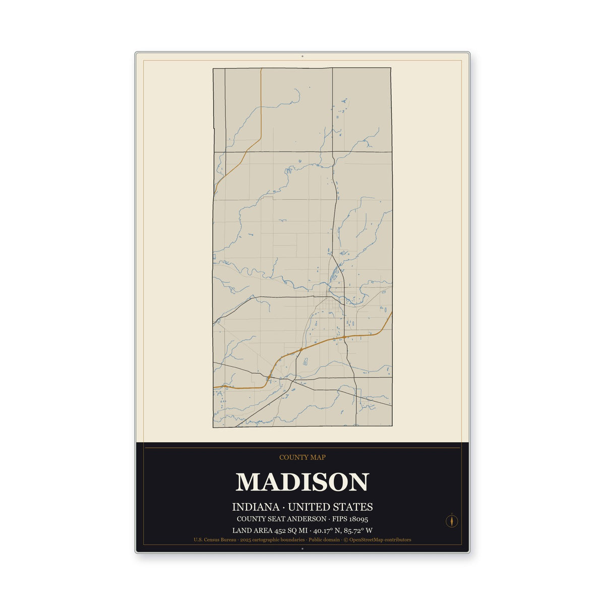 Madison County, Indiana Map Aluminum Sign in Museum Plaque style