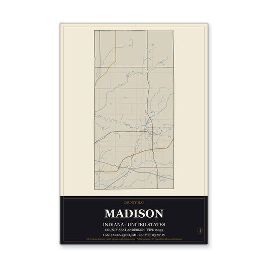 Madison County, Indiana Map Aluminum Sign in Museum Plaque style