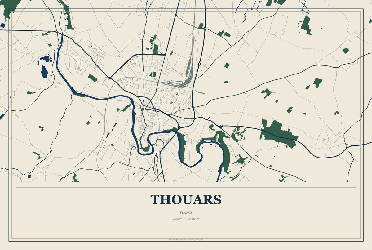 Thouars, France City Map Aluminum Sign in Coastal Cutout style