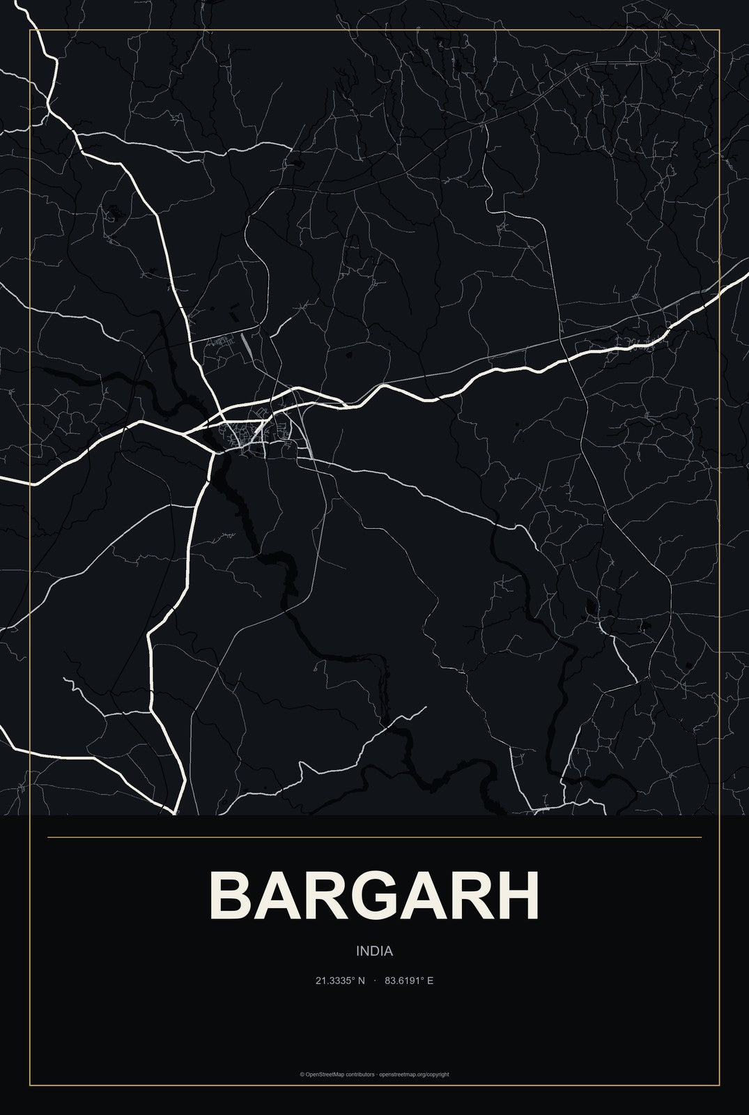 Bargarh, India City Map Aluminum Sign in Metropolitan Noir style