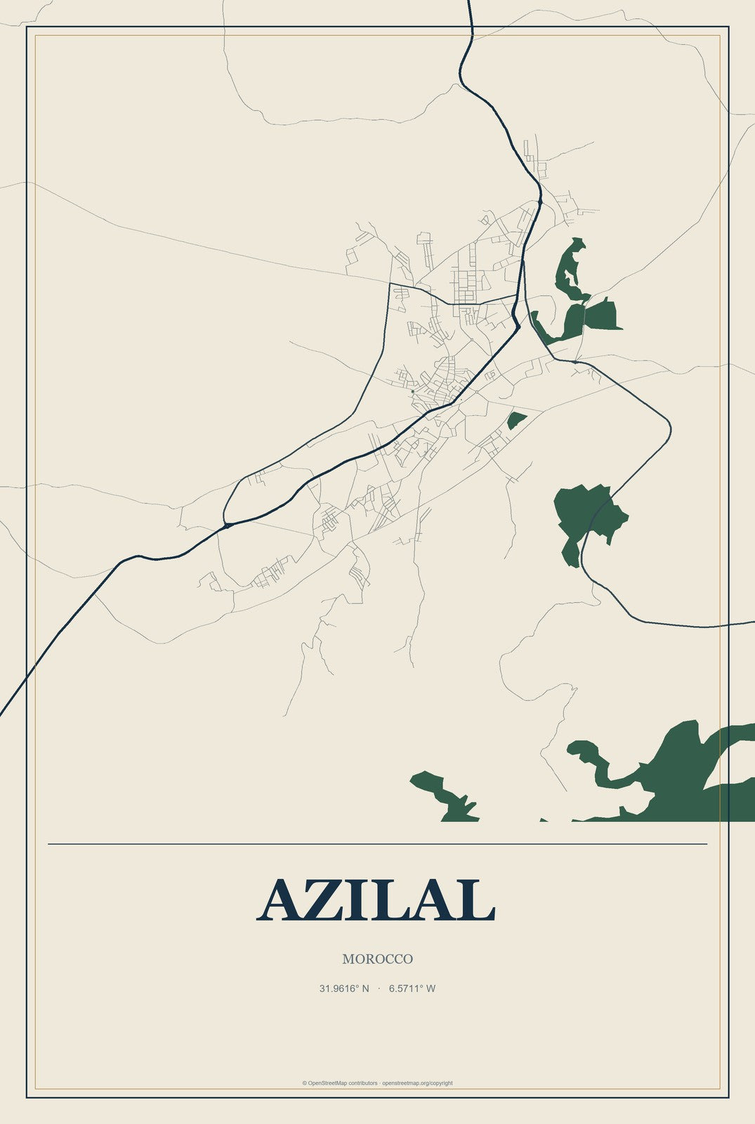 Azilal, Morocco City Map Aluminum Sign in Coastal Cutout style