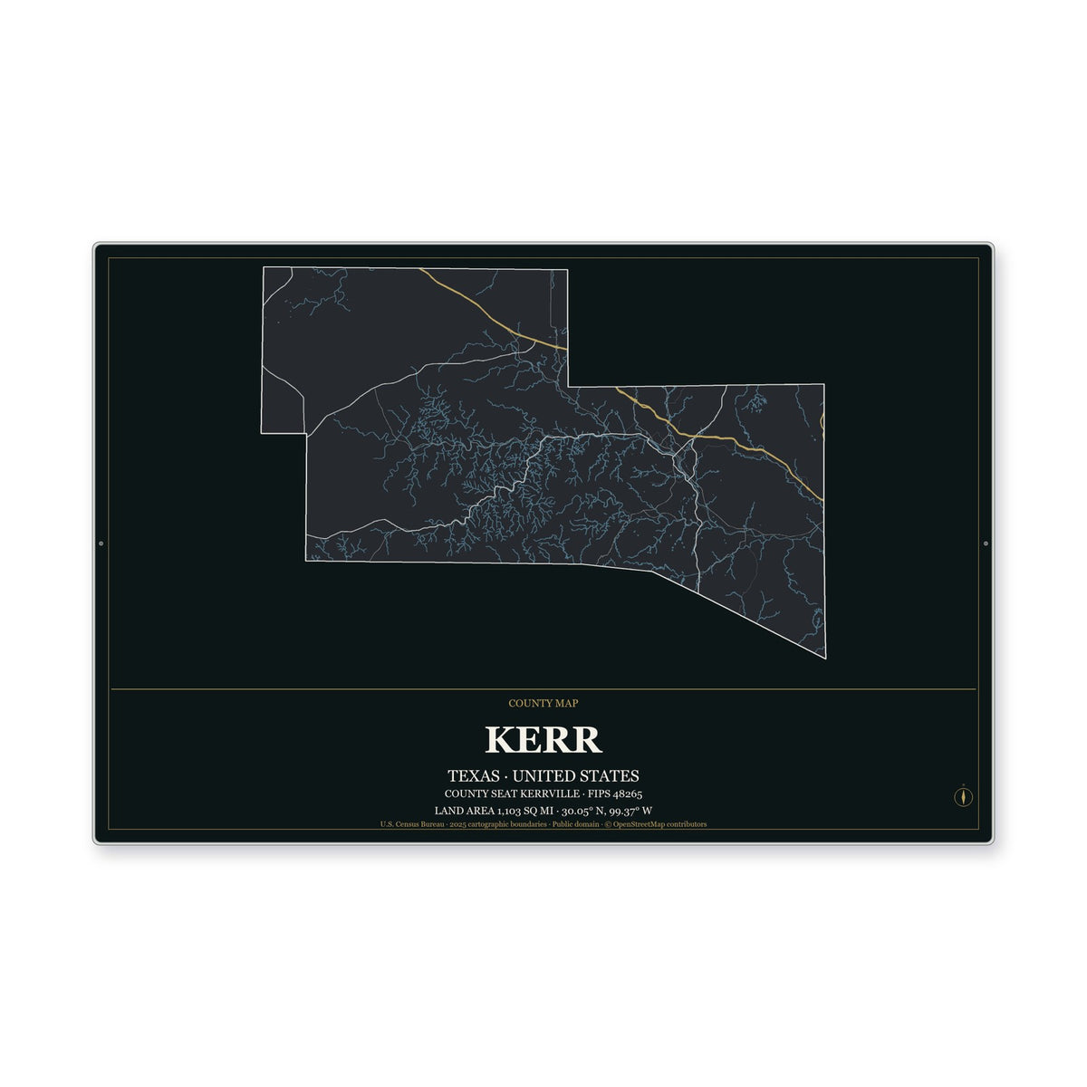 Kerr County, Texas Map Aluminum Sign in Metropolitan Noir style