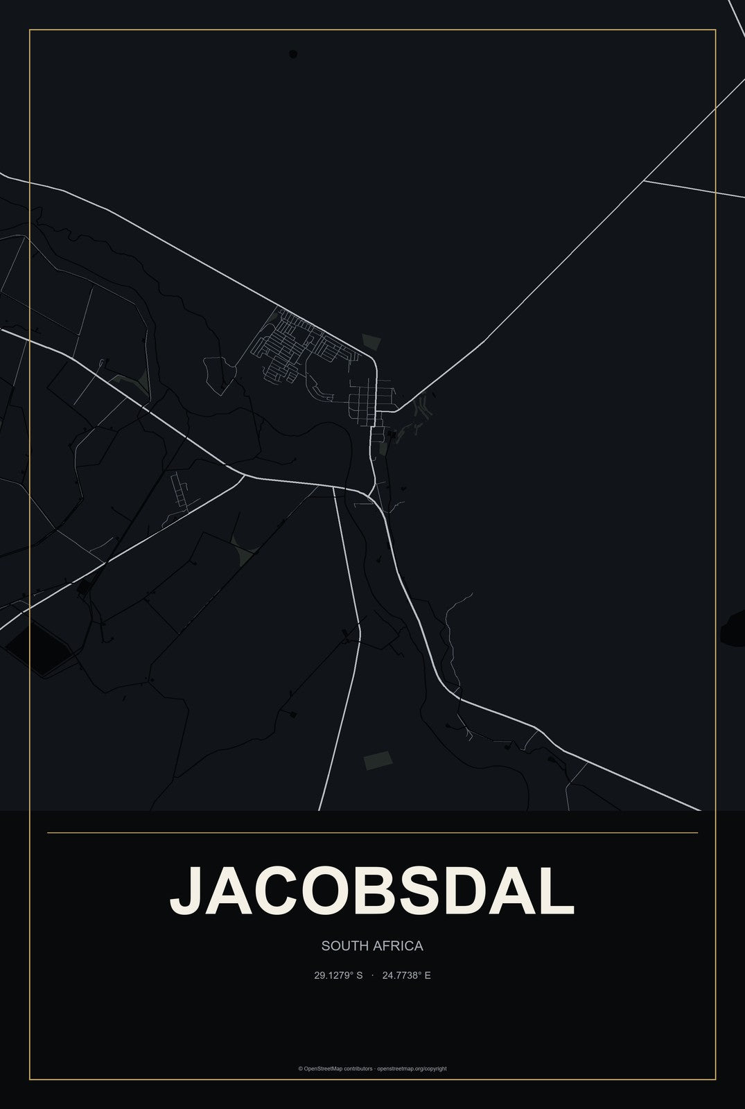 Jacobsdal, South Africa City Map Aluminum Sign in Metropolitan Noir style