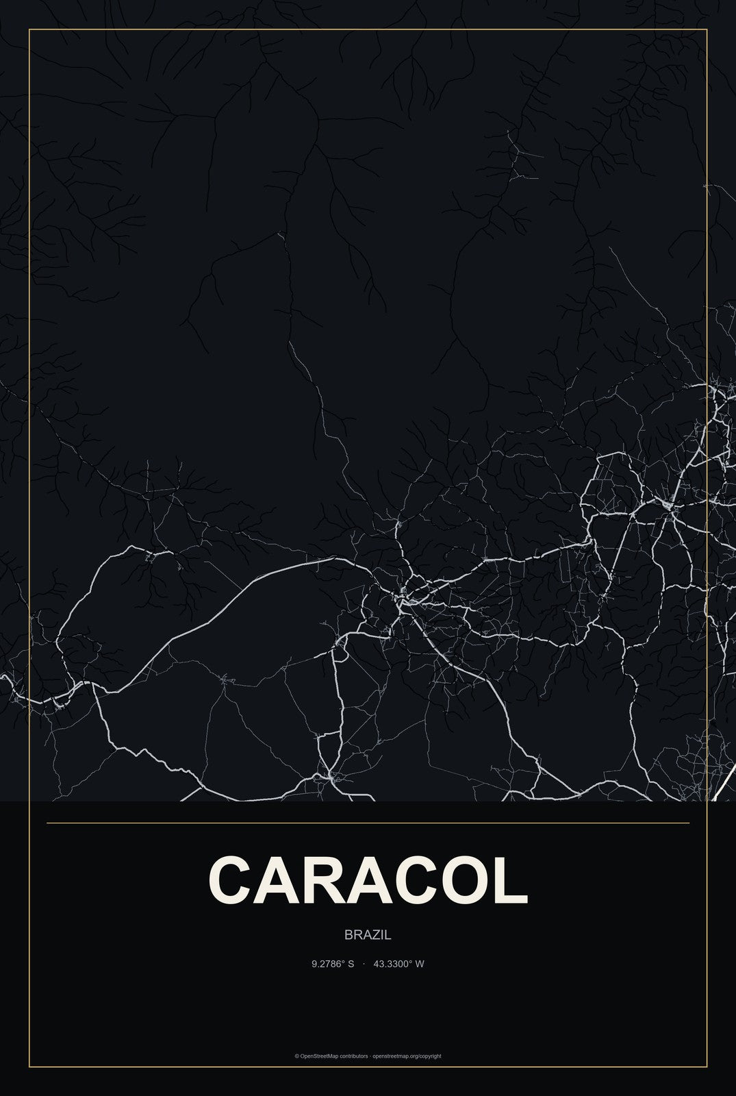 Caracol, Brazil City Map Aluminum Sign in Metropolitan Noir style