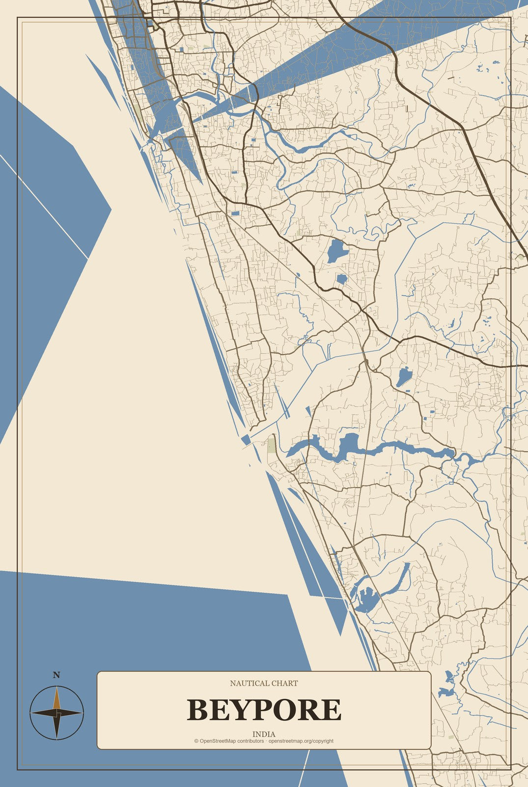 Beypore, India City Map Aluminum Sign in Heritage Nautical style