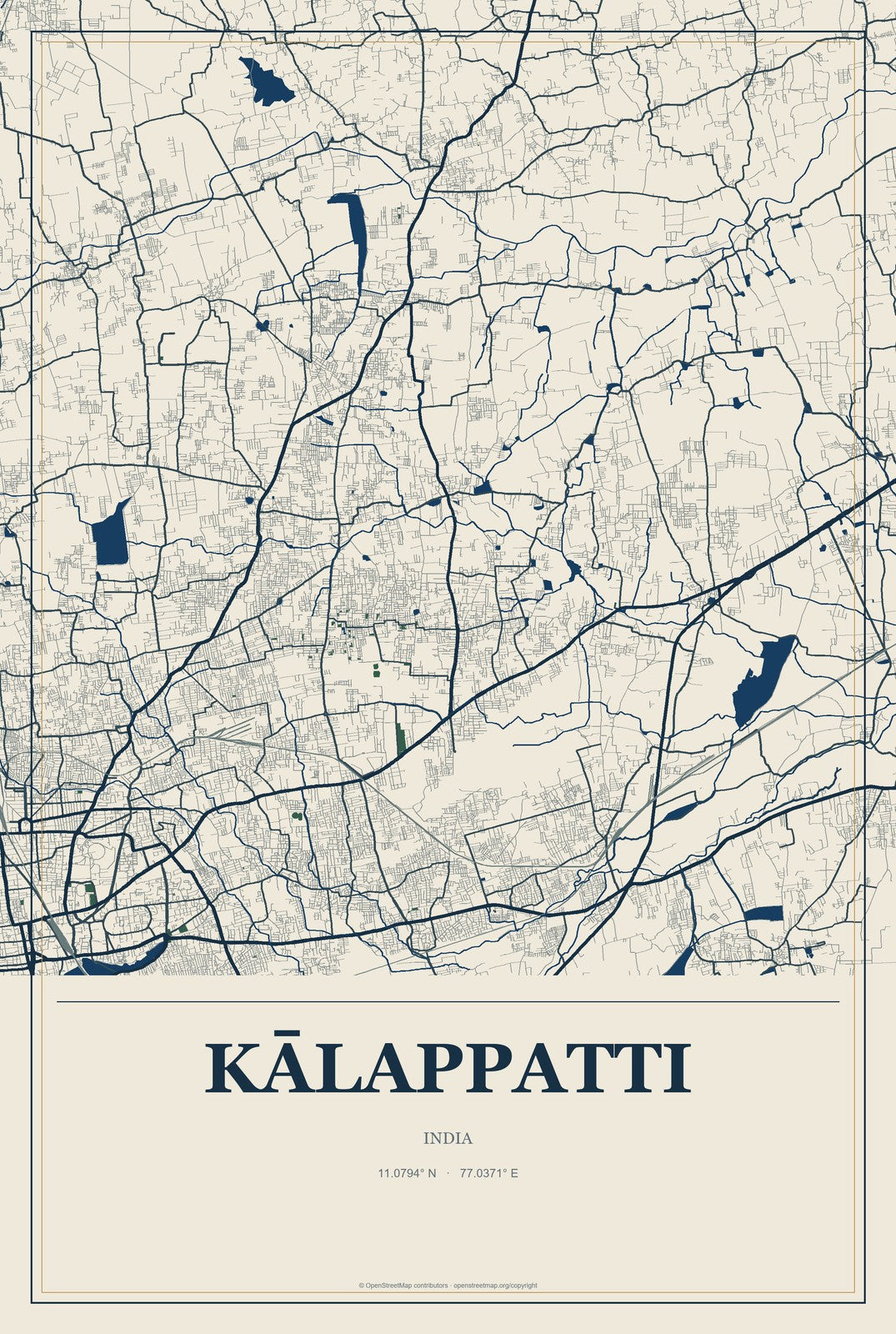 Kālappatti, India City Map Aluminum Sign in Coastal Cutout style