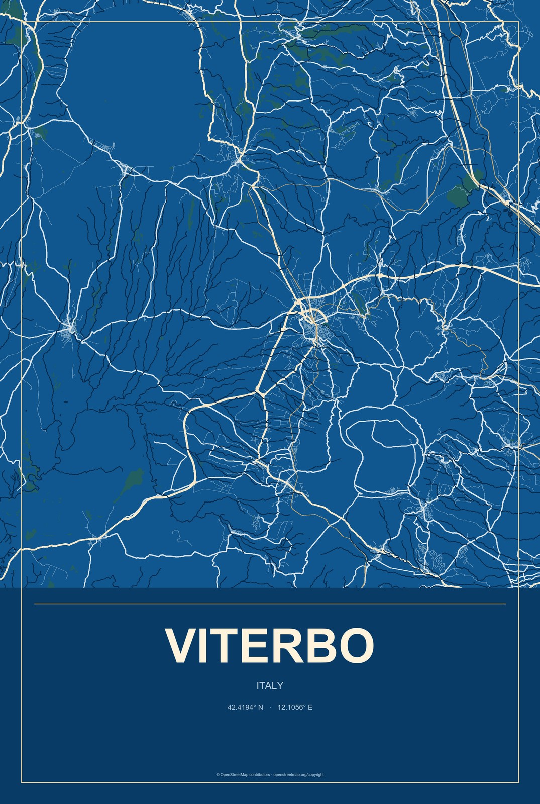 Viterbo, Italy City Map Aluminum Sign in Harbor Cobalt style