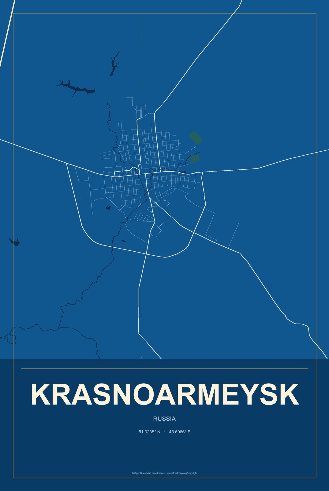 Krasnoarmeysk, Moscow Oblast, Russia City Map Aluminum Sign in Harbor Cobalt style