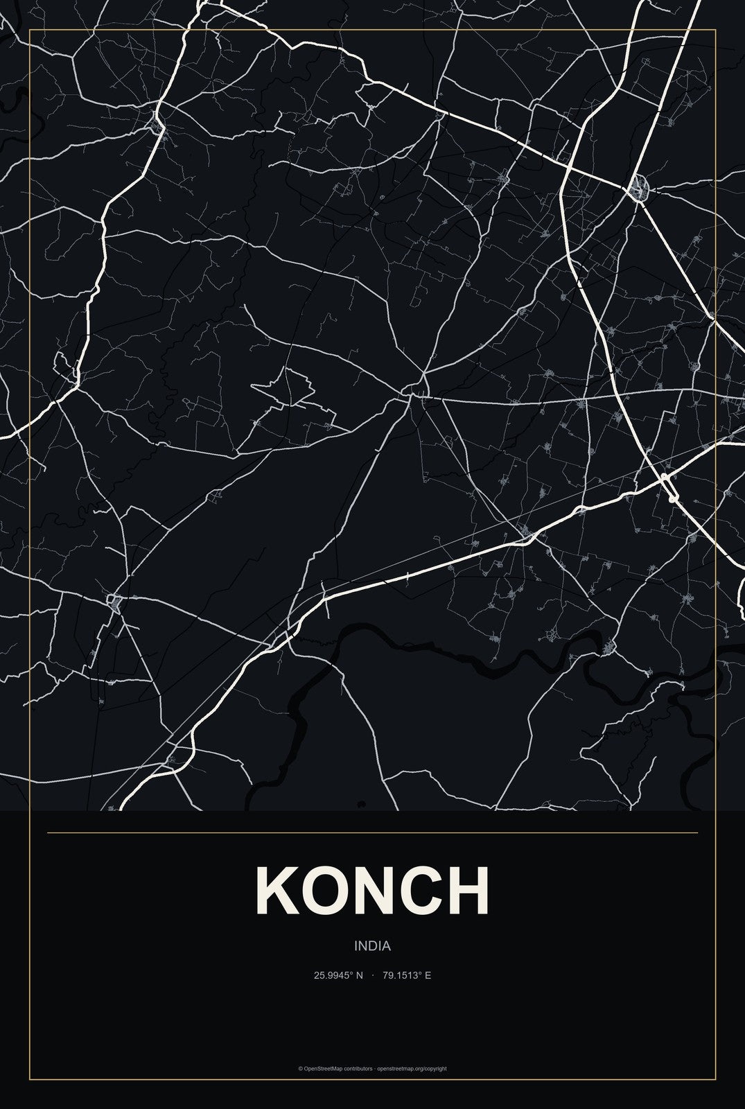Konch, India City Map Aluminum Sign in Metropolitan Noir style