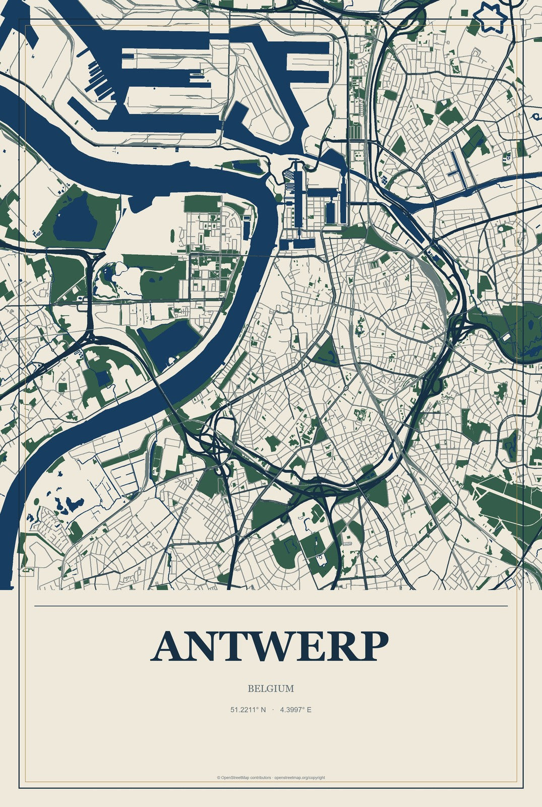 Antwerp, Belgium City Map Aluminum Sign in Coastal Cutout style