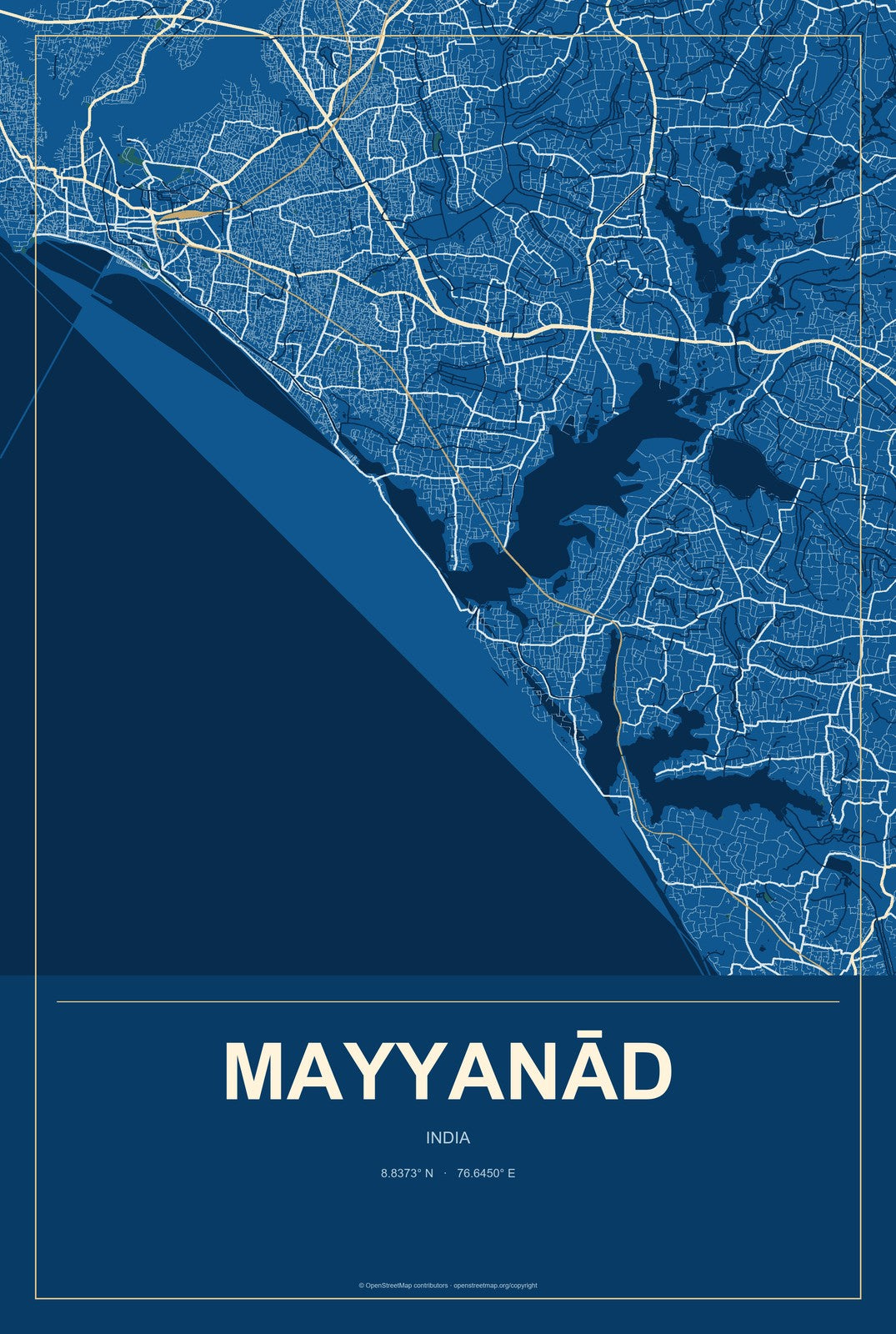 Mayyanād, India City Map Aluminum Sign in Harbor Cobalt style