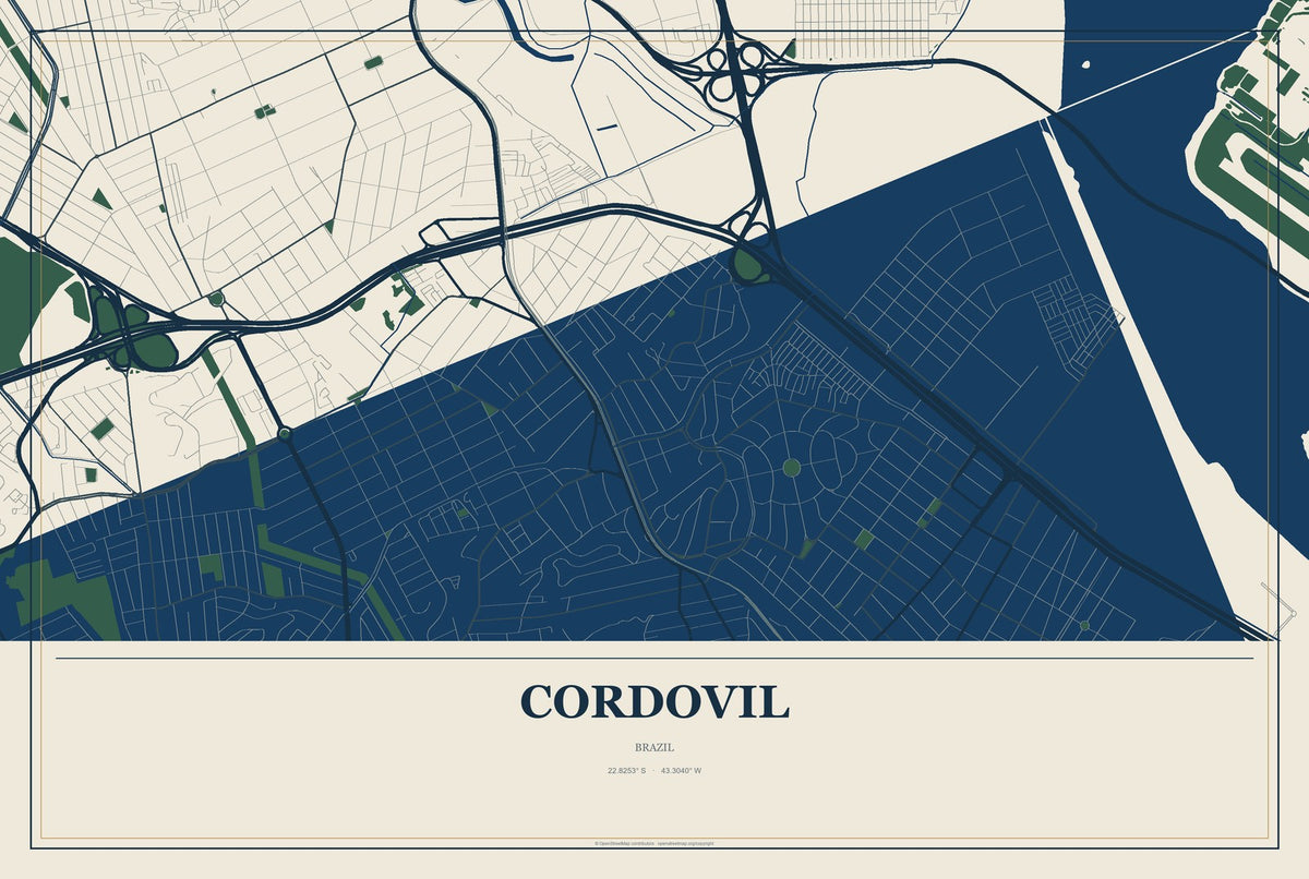 Cordovil, Brazil City Map Aluminum Sign in Coastal Cutout style