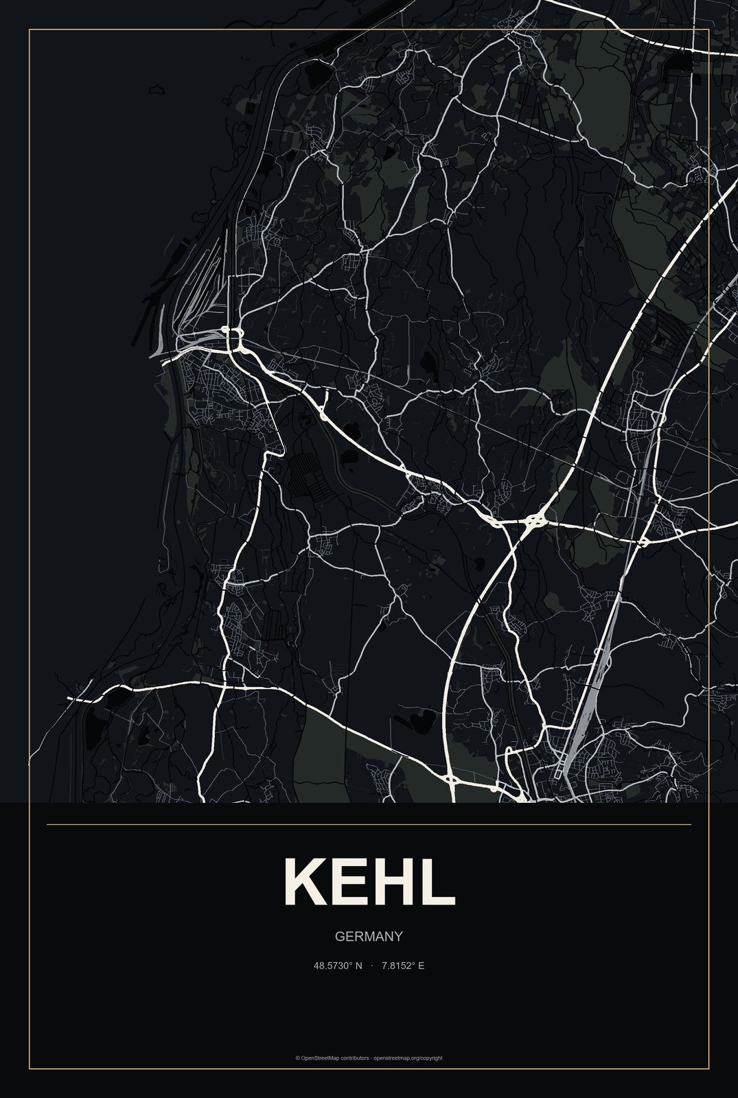 Kehl, Germany City Map Aluminum Sign in Metropolitan Noir style