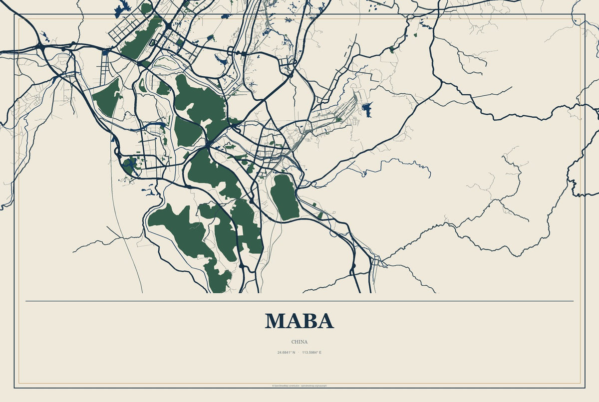 Maba, China City Map Aluminum Sign in Coastal Cutout style