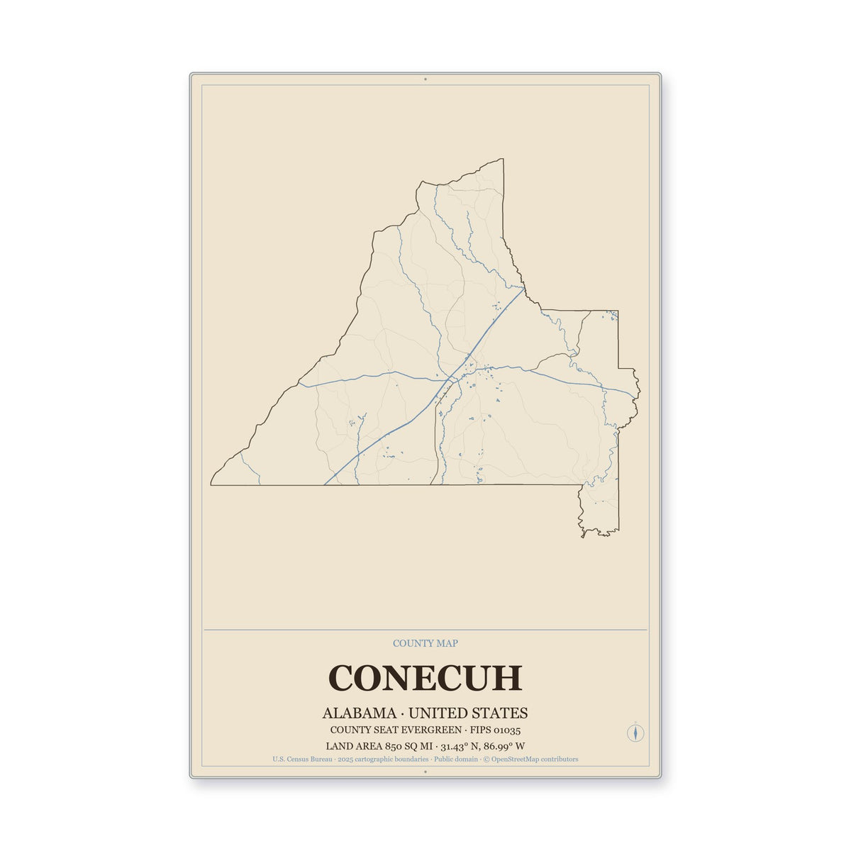 Conecuh County, Alabama Map Aluminum Sign in Heritage Nautical style
