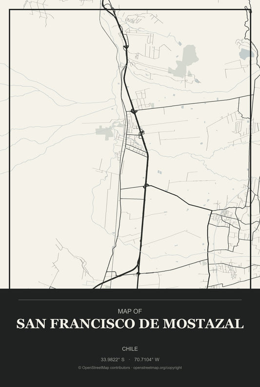 San Francisco de Mostazal, Chile City Map Aluminum Sign in Museum Plaque style