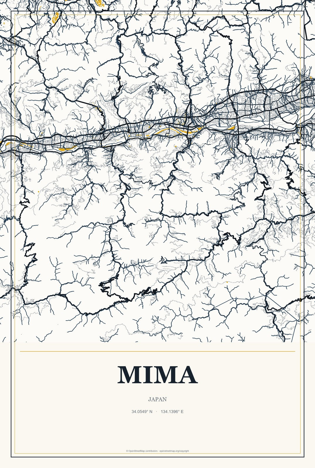 Mima, Japan City Map Aluminum Sign in Citrine Modern style