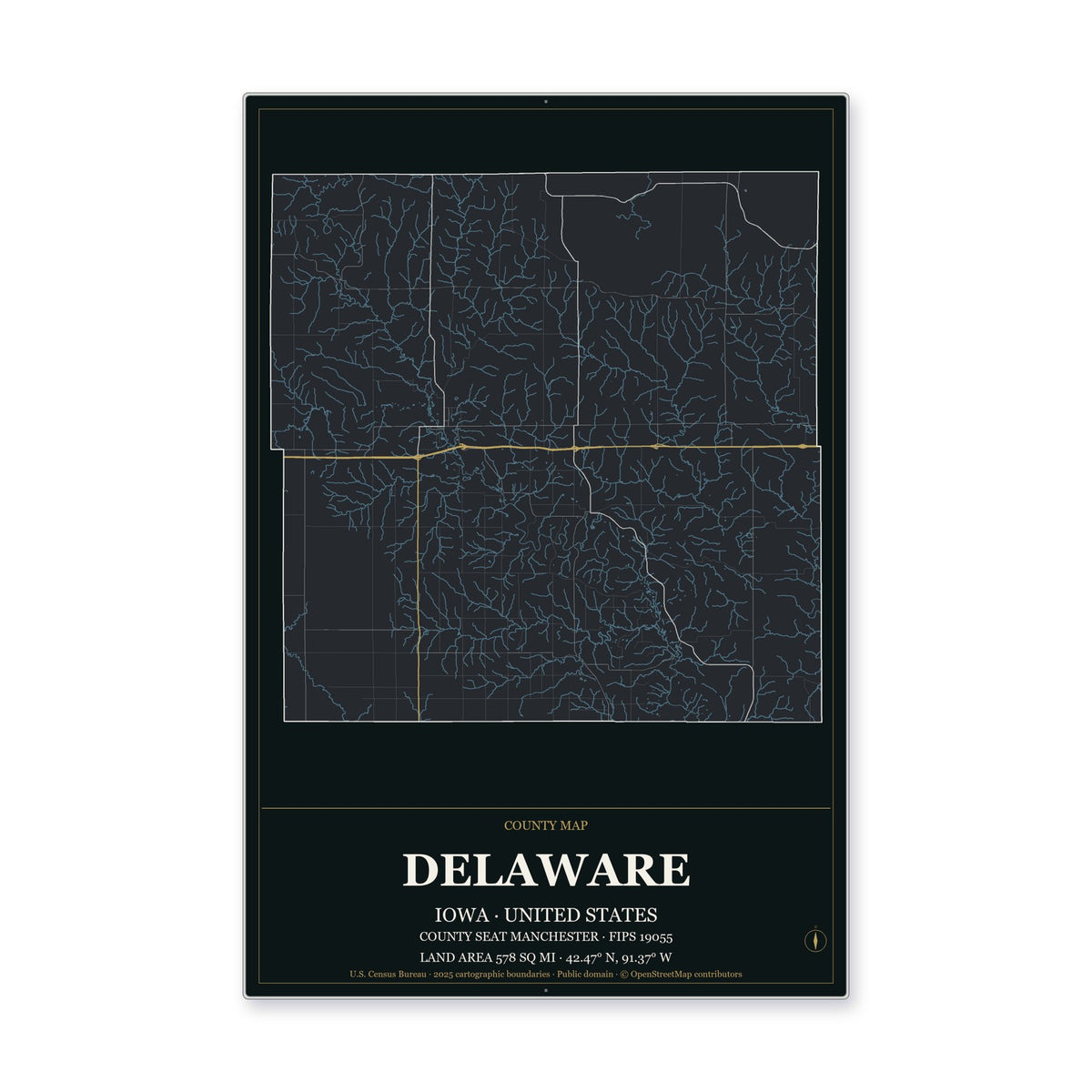 Delaware County, Iowa Map Aluminum Sign in Metropolitan Noir style
