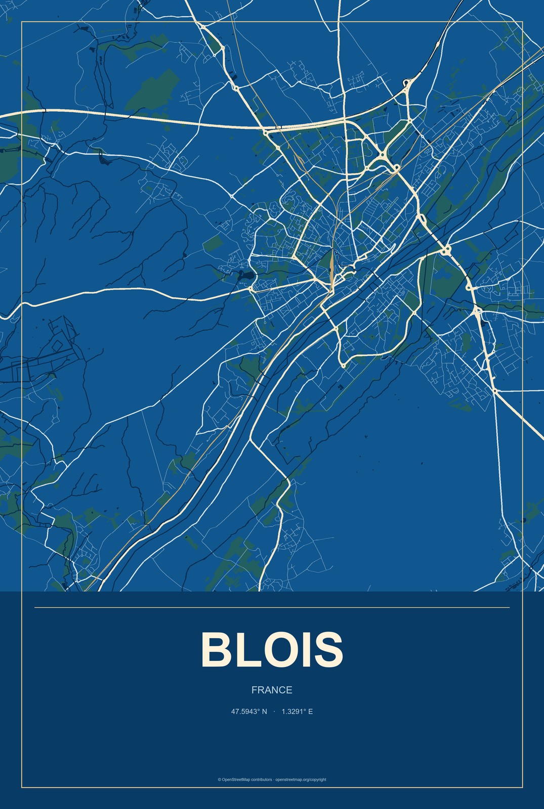 Blois, France City Map Aluminum Sign in Harbor Cobalt style