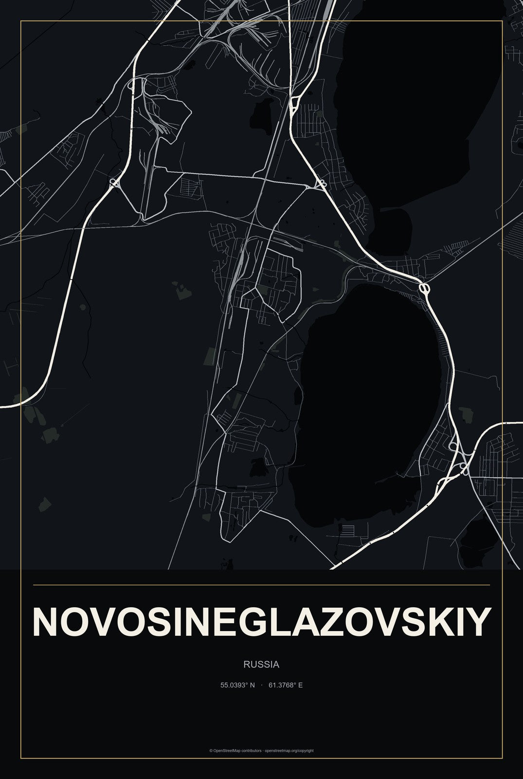 Novosineglazovskiy, Russia City Map Aluminum Sign in Metropolitan Noir style