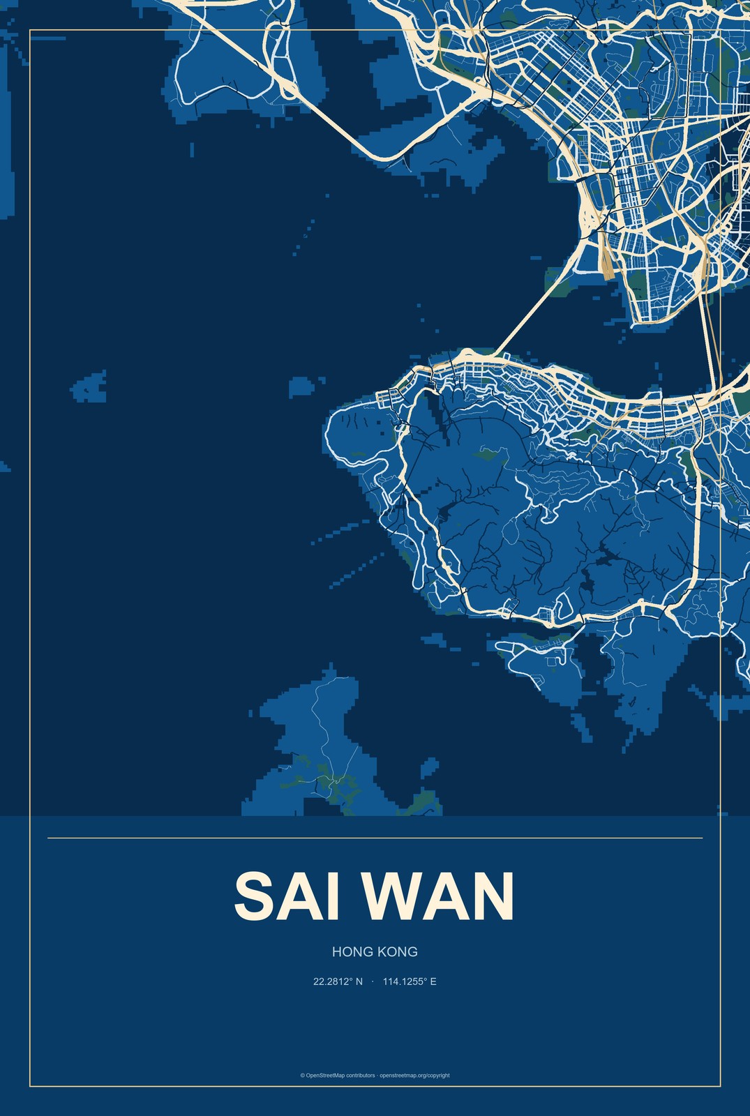 Sai Wan, Hong Kong City Map Aluminum Sign in Harbor Cobalt style